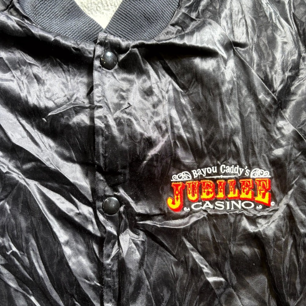 VTG 80s West Ark Bayou Caddy’s Jubilee Casino Satin Bomber Jacket Men's S Black - Picture 2 of 14